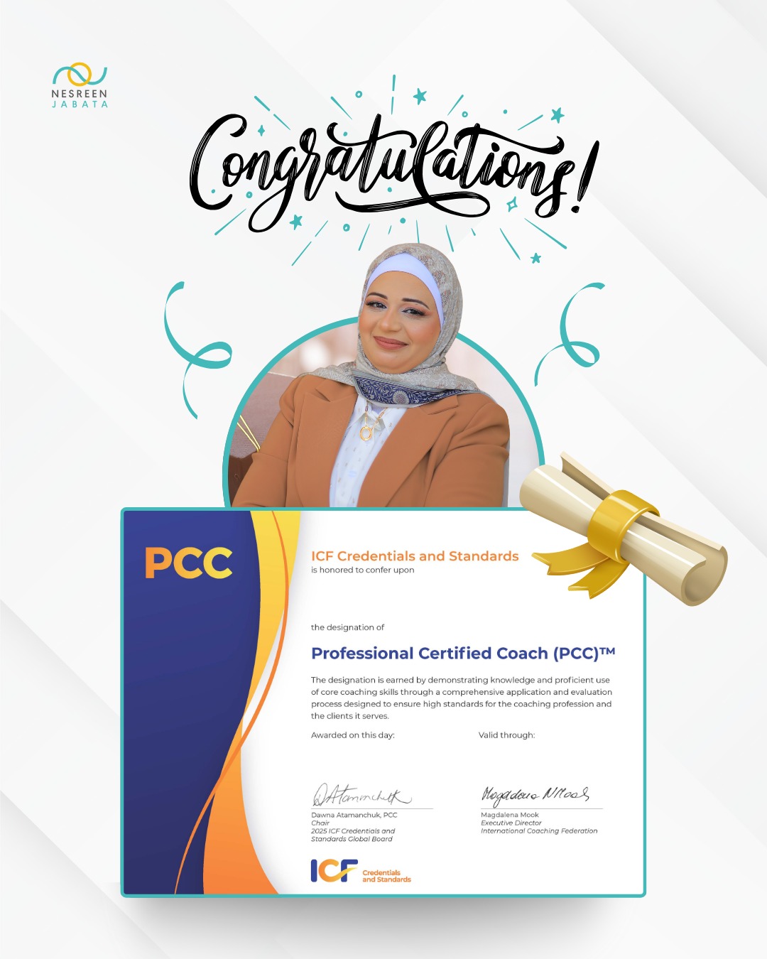 تهنئة للزميلة نسرين جباتا على اعتماد PCC من الاتحاد الدولي للكوتشينج
